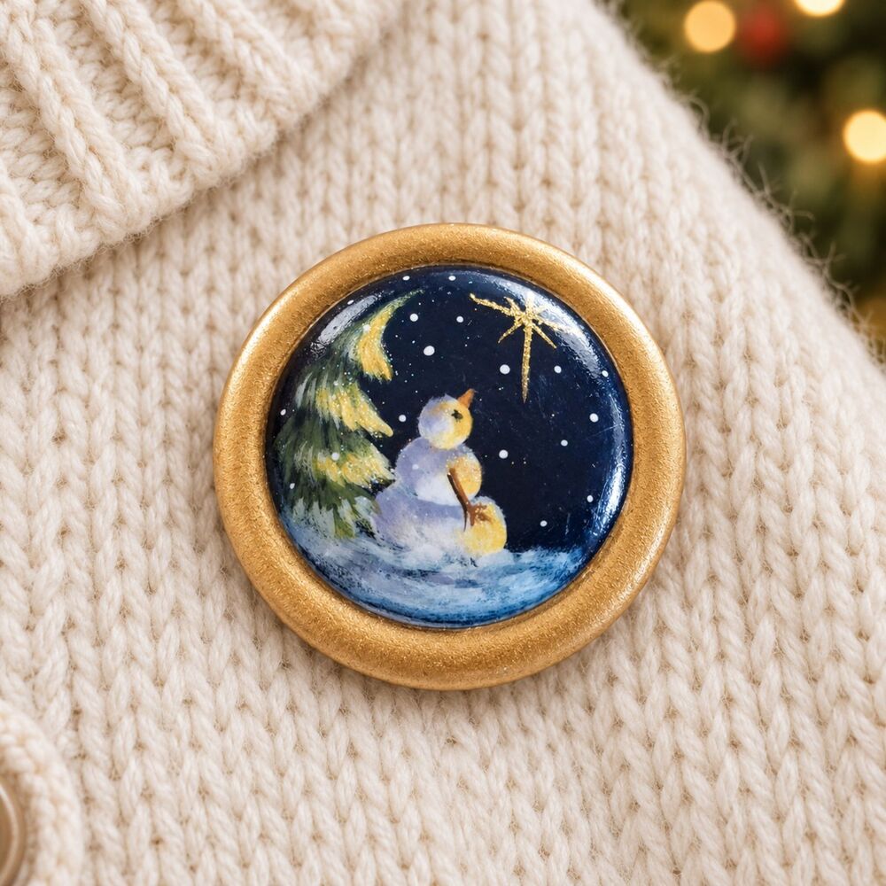 Hand Painted Snowman Brooch Pin Signed Artist Wood Christmas Folk Art 2.5"